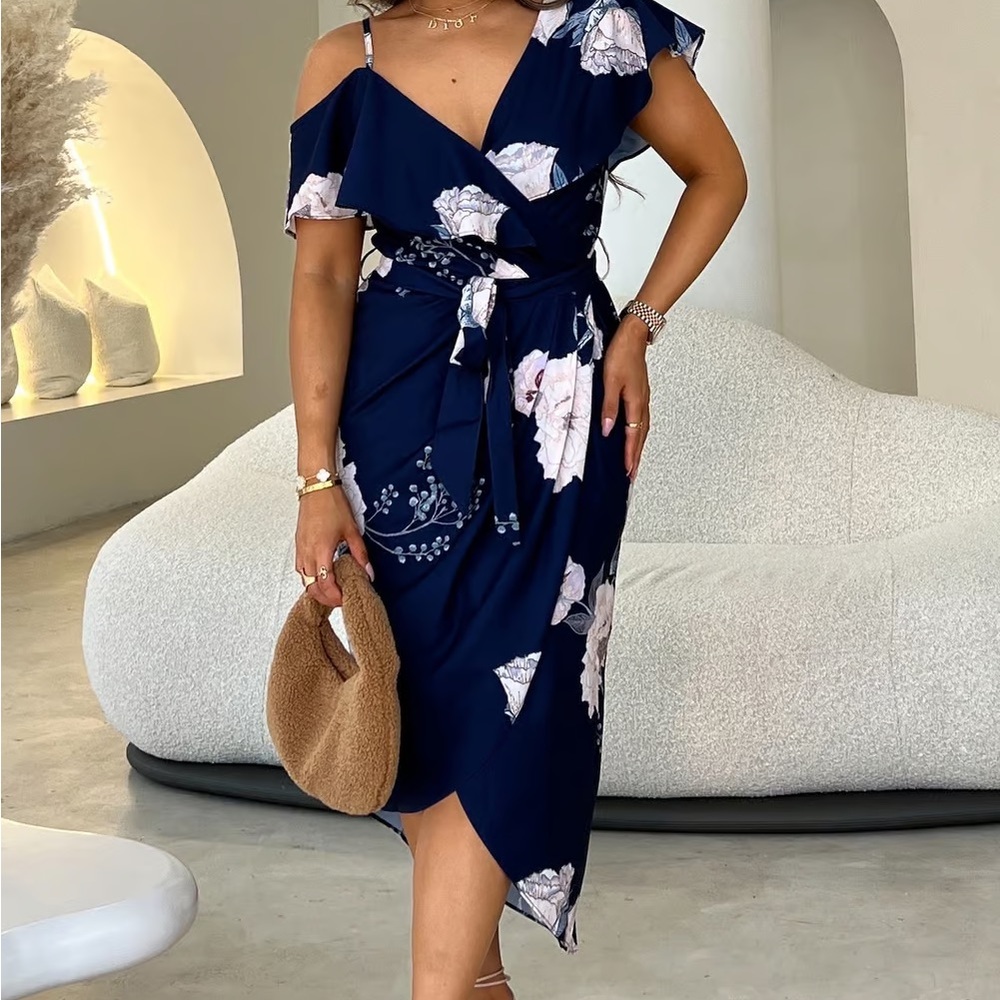 PORTIA V NECK ASYMMETRIC FRILL RUFFLE MIDI DRESS — BY AMICA / SAO BY DEE